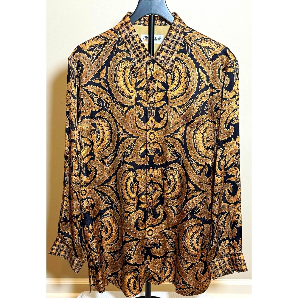 Batik Keris Men's Silk Satin Batik Long Sleeve Button-Up Shirt L/XL Black Tan